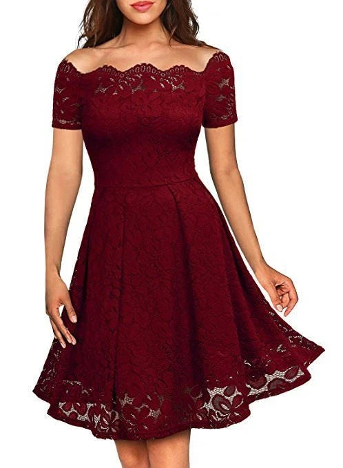 Lady Off Shoulder Short Sleeve Lace Up Dress Cocktail Party Ball Gown Evening NR