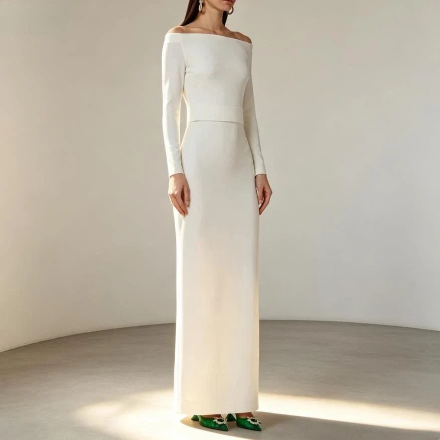 Ivory Formal Evening Dress Long Sleeves Off Shoulder Column Birthday Party Gowns