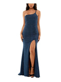 One Shoulder Evening Gown Crystal Doll 5 Navy Glitter Full Length Formal Glam