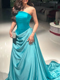 2026 Turquoise Satin Strapless Evening Dresses with Pleated Wedding Guest Gowns